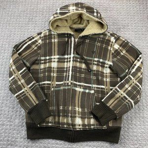 Hurley Sweater Men Medium M Brown Checkered Insulated Hoodie Full Zip Warm Cozy